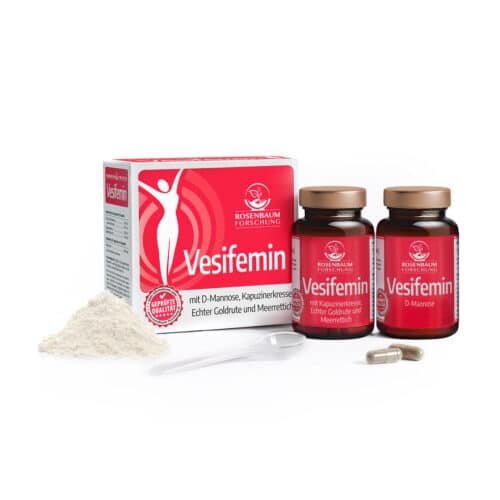 Vesifemin Faltschachtel mit 2 Fläschchen, D-Mannose-Pulver und einem Messlöffel